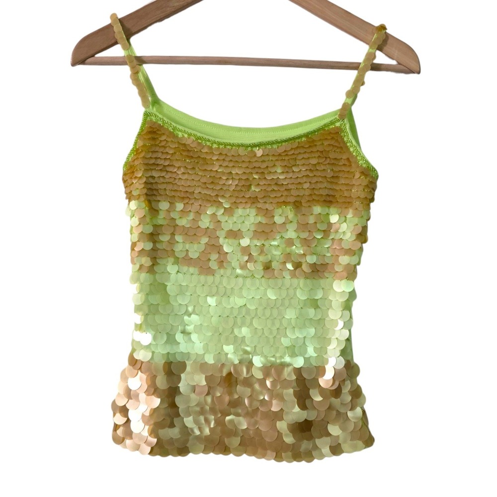 Y2K Green Sequin Cami Party Going Out Top Beaded Mesh Sleeveless XS Vintage Tank